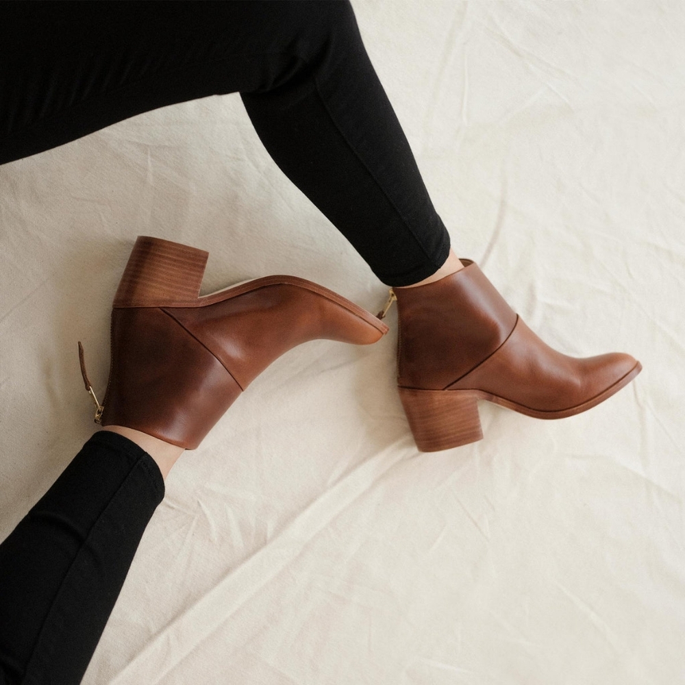 Nisolo Dari Brown Leather Heeled Boot Ankle Bootie Back Zip Sustainable Brandy 9